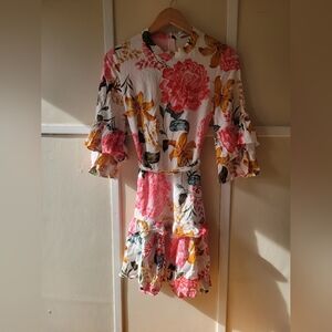 Petal & Pup White Floral Ruffle Sleeve Dress with Pink and Yellow Blooms